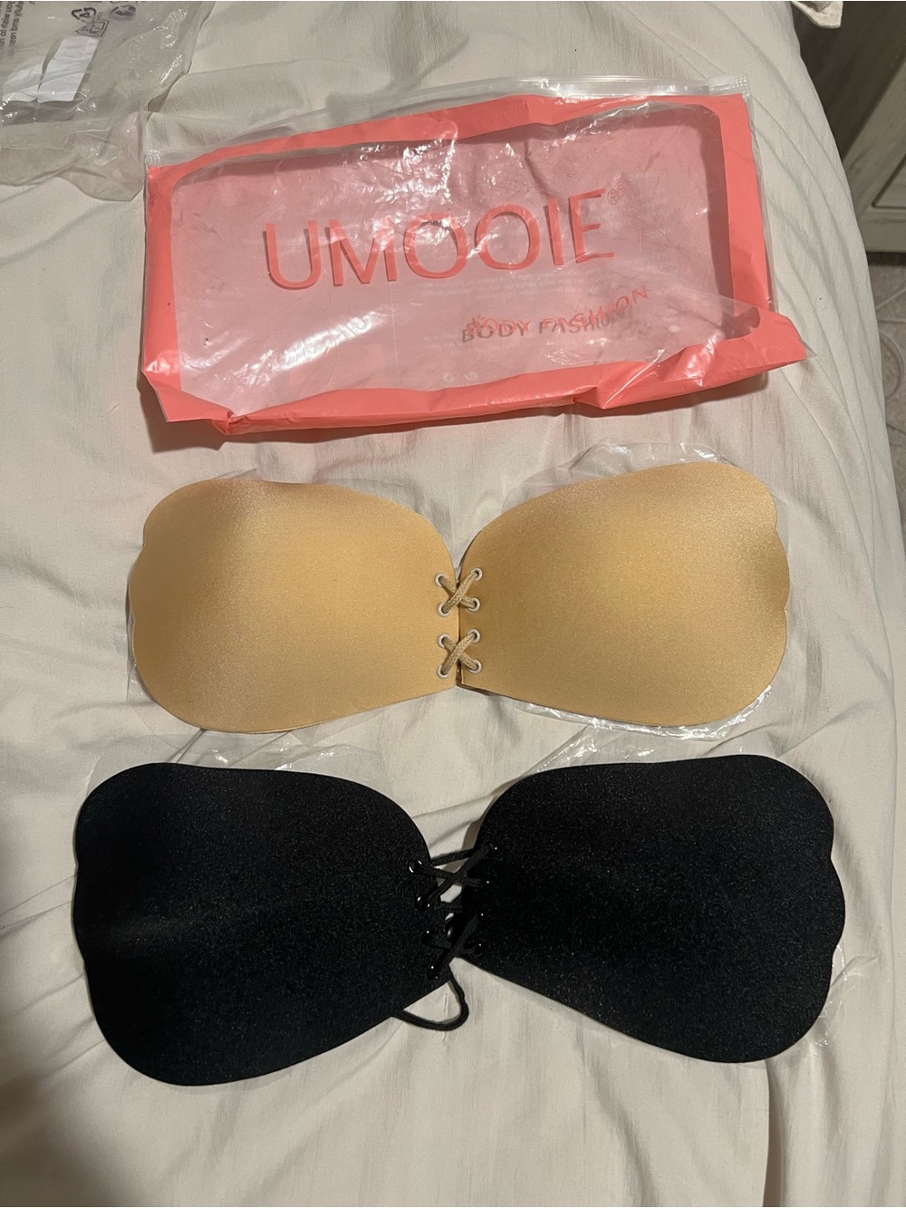 Lace-Up Adhesive Bandeau Bra - Black & Nude
